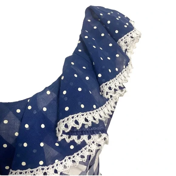 Vintage 70s Blue Gingham Maxi Dress White Checkered Prairie Dress Plaid Long - Picture 5 of 14